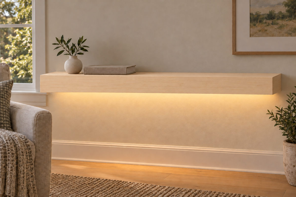 36-inch long, 3-inch thick natural maple floating shelf, standard mount, bottom front LED channel