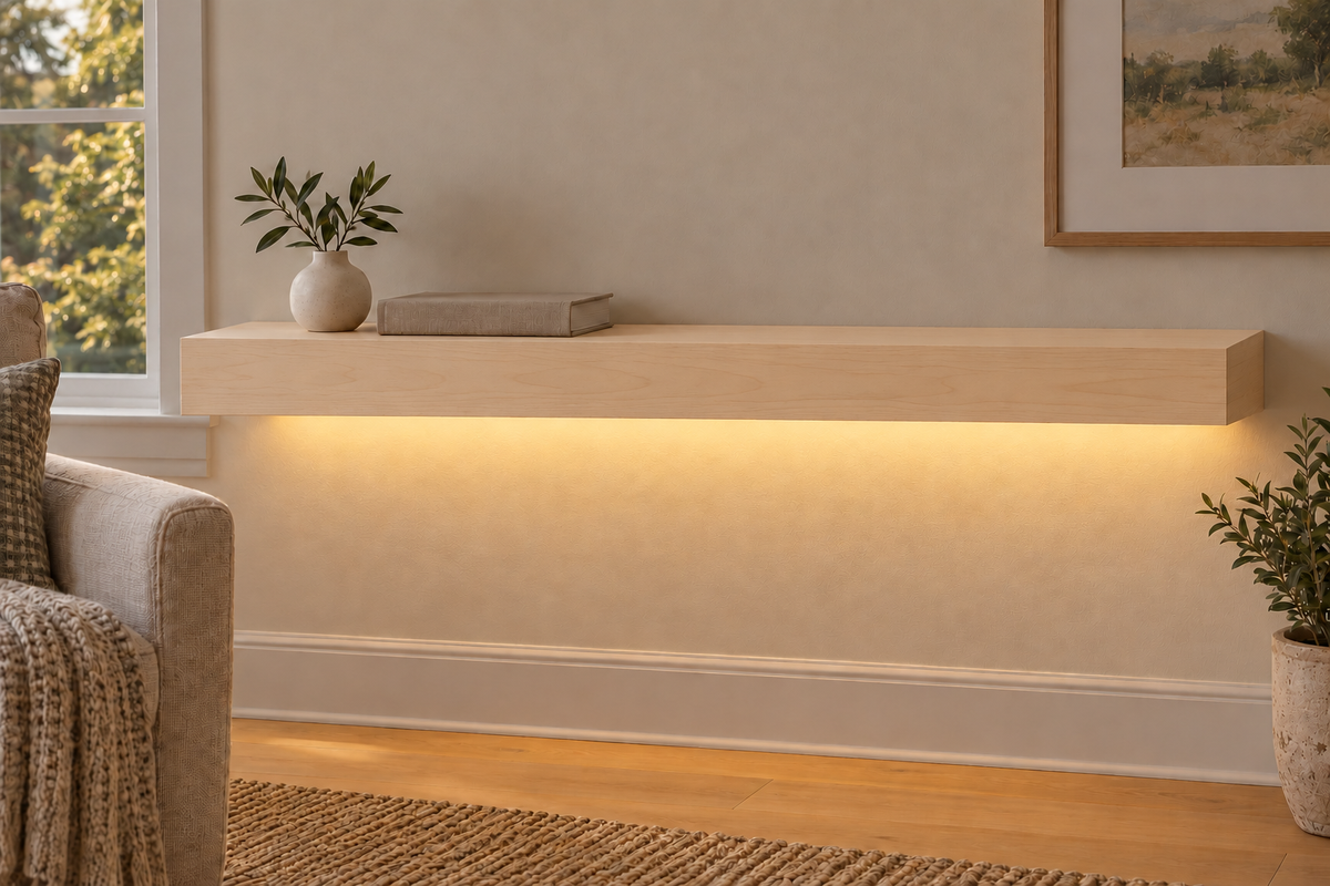 36-inch long, 3-inch thick natural maple floating shelf, standard mount, bottom rear LED channel