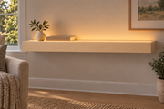 36-inch long, 3-inch thick natural maple floating shelf, standard mount, top front LED channel