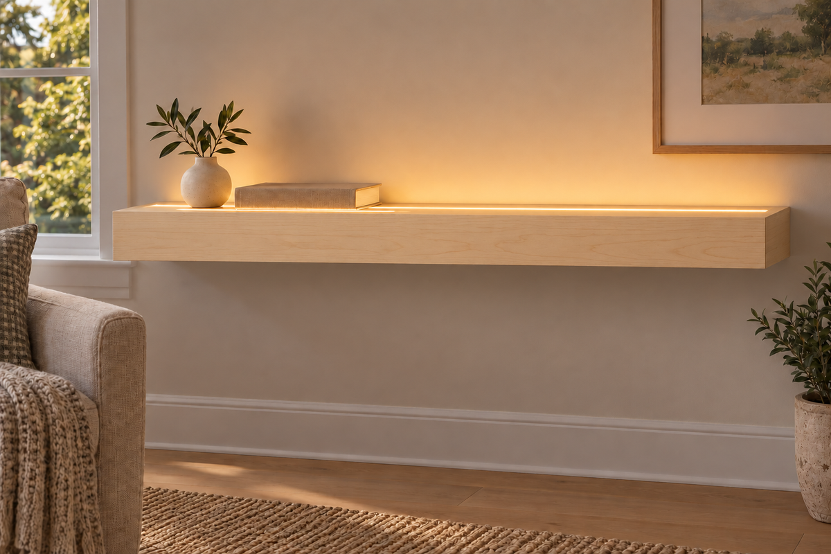 36-inch long, 3-inch thick natural maple floating shelf, standard mount, top front LED channel