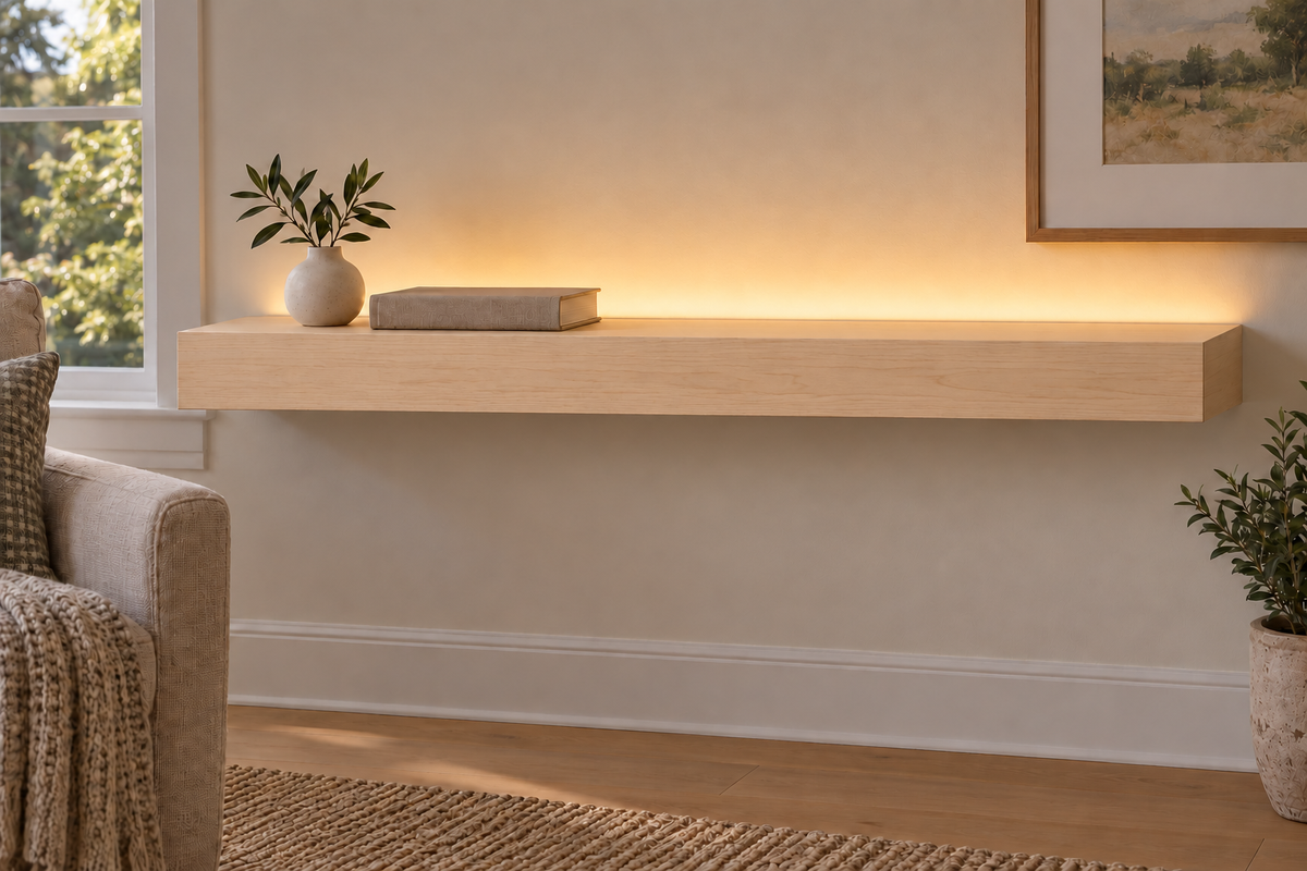 36-inch long, 3-inch thick natural maple floating shelf, standard mount, top rear LED channel