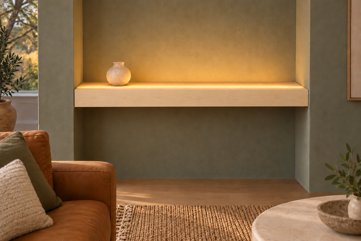 36-inch long, 3-inch thick natural maple floating shelf, wall-to-wall mount, top front LED channel