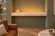 36-inch long, 3-inch thick natural maple floating shelf, wall-to-wall mount, top front LED channel