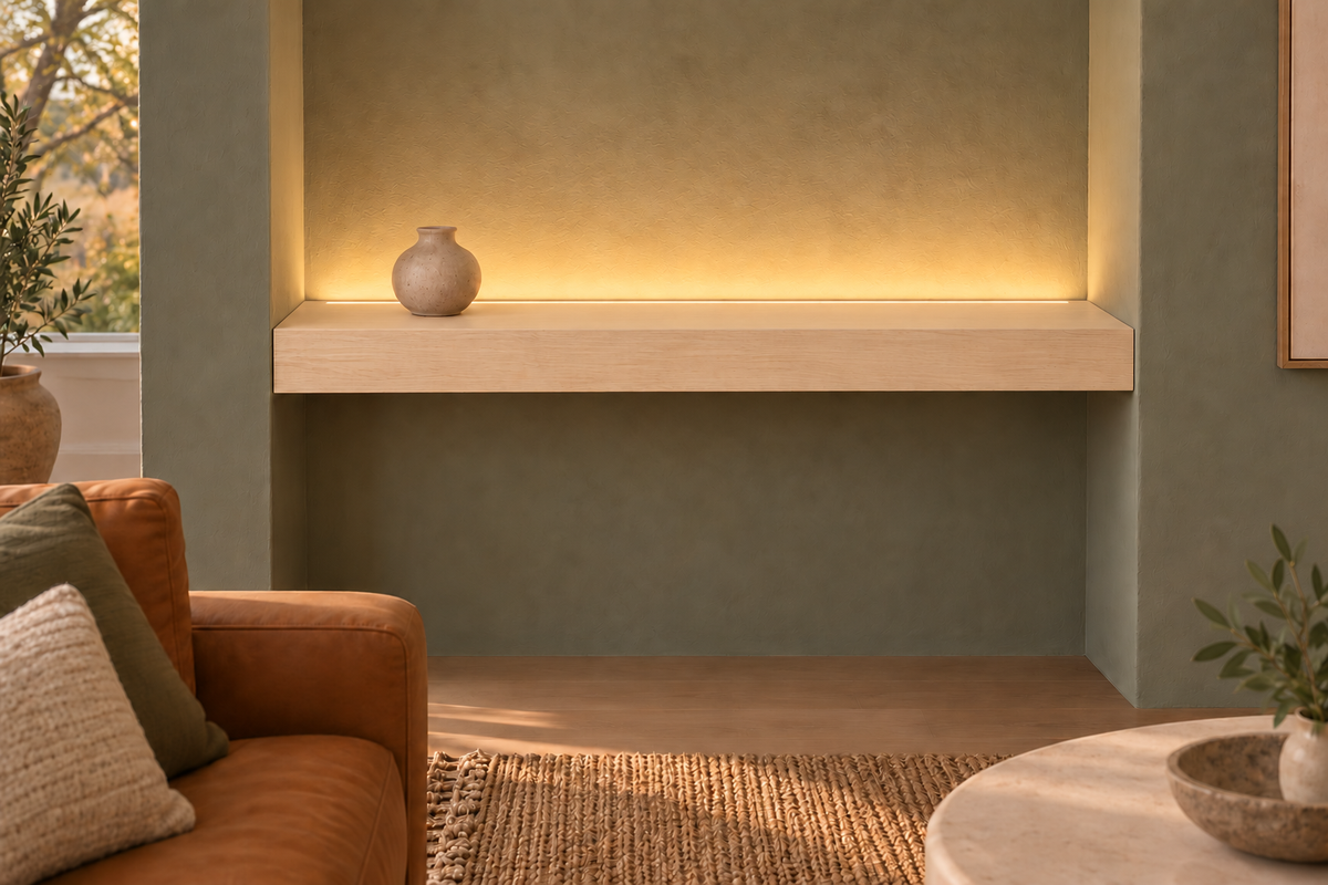 36-inch long, 3-inch thick natural maple floating shelf, wall-to-wall mount, top rear LED channel