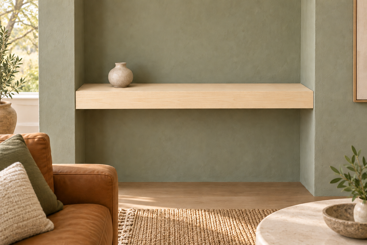 36-inch long, 3-inch thick natural maple floating shelf, wall-to-wall mount, unlit