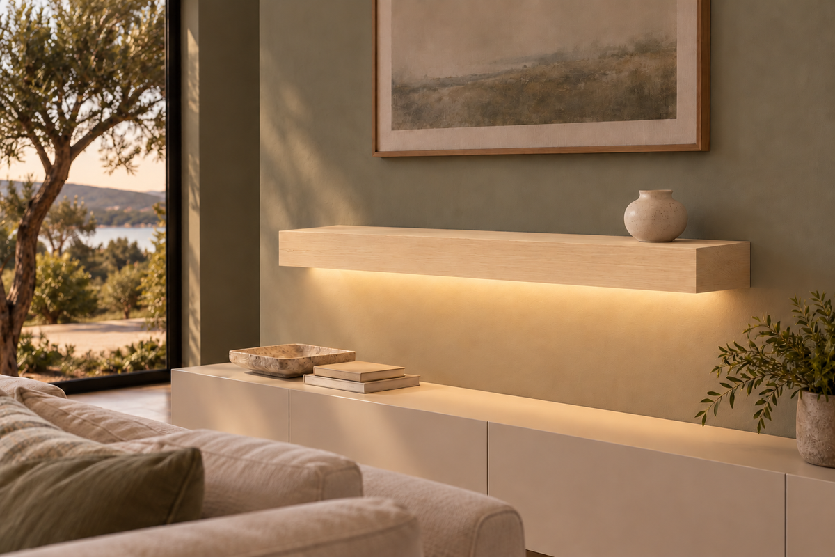 36-inch long, 4-inch thick natural maple floating shelf, standard mount, bottom front LED channel