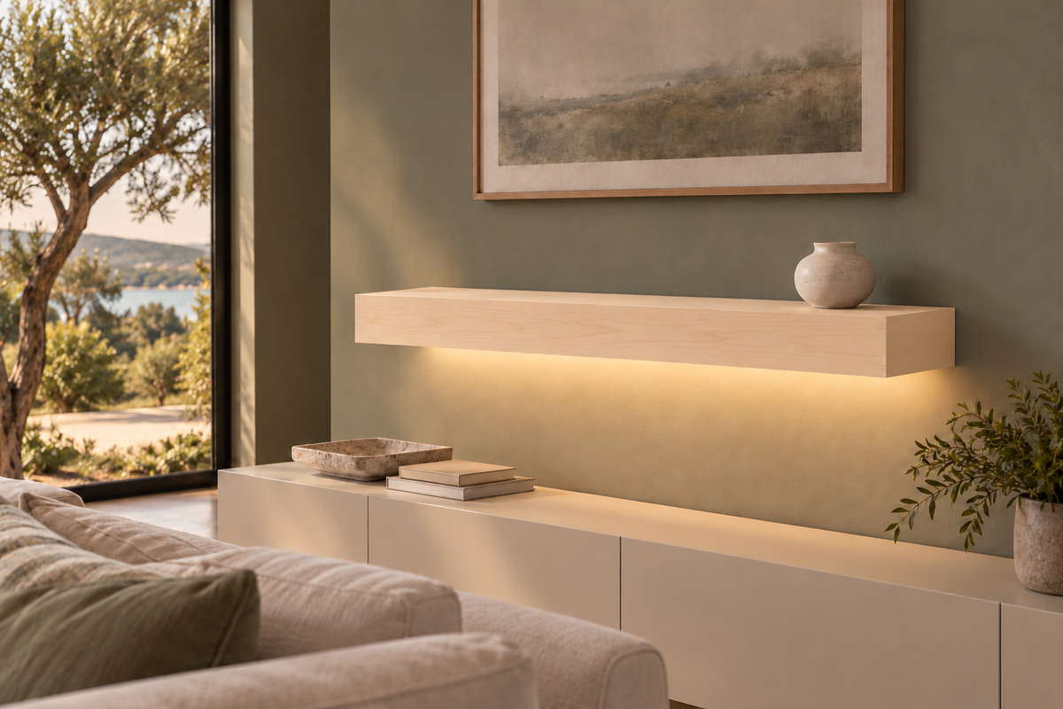 36-inch long, 4-inch thick natural maple floating shelf, standard mount, bottom rear LED channel
