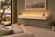 36-inch long, 4-inch thick natural maple floating shelf, standard mount, top front LED channel