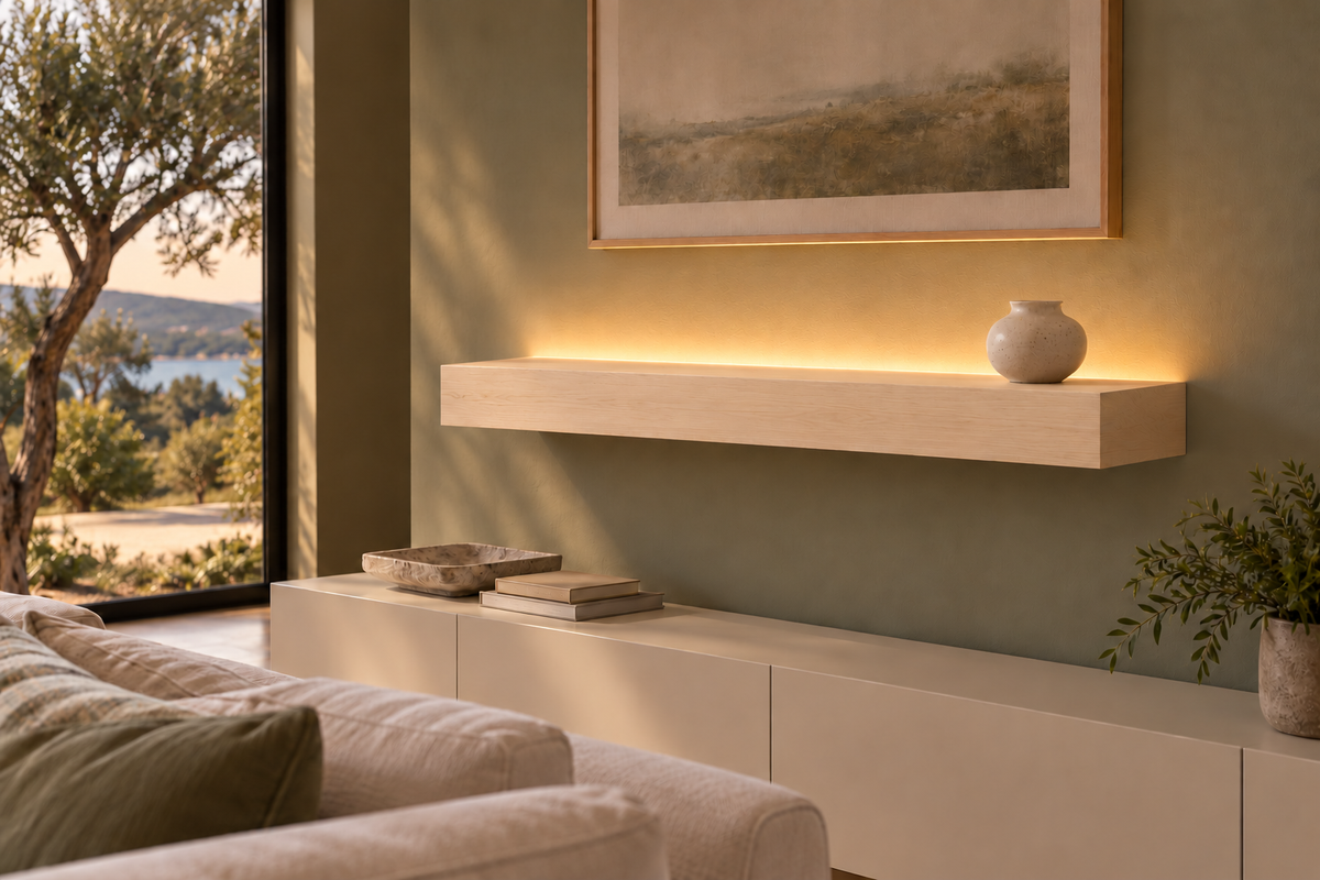 36-inch long, 4-inch thick natural maple floating shelf, standard mount, top rear LED channel
