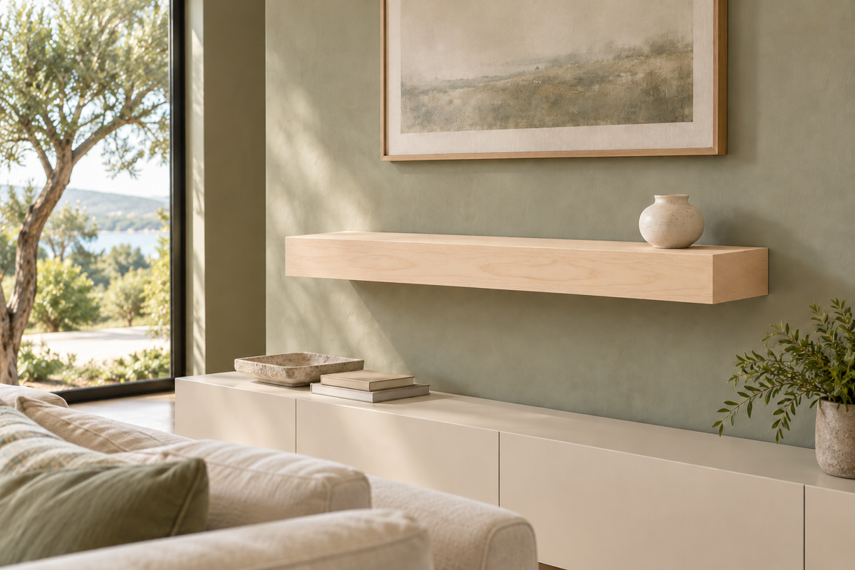 36-inch long, 4-inch thick natural maple floating shelf, standard mount, unlit