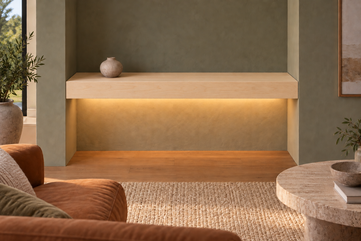 36-inch long, 4-inch thick natural maple floating shelf, wall-to-wall mount, bottom rear LED channel