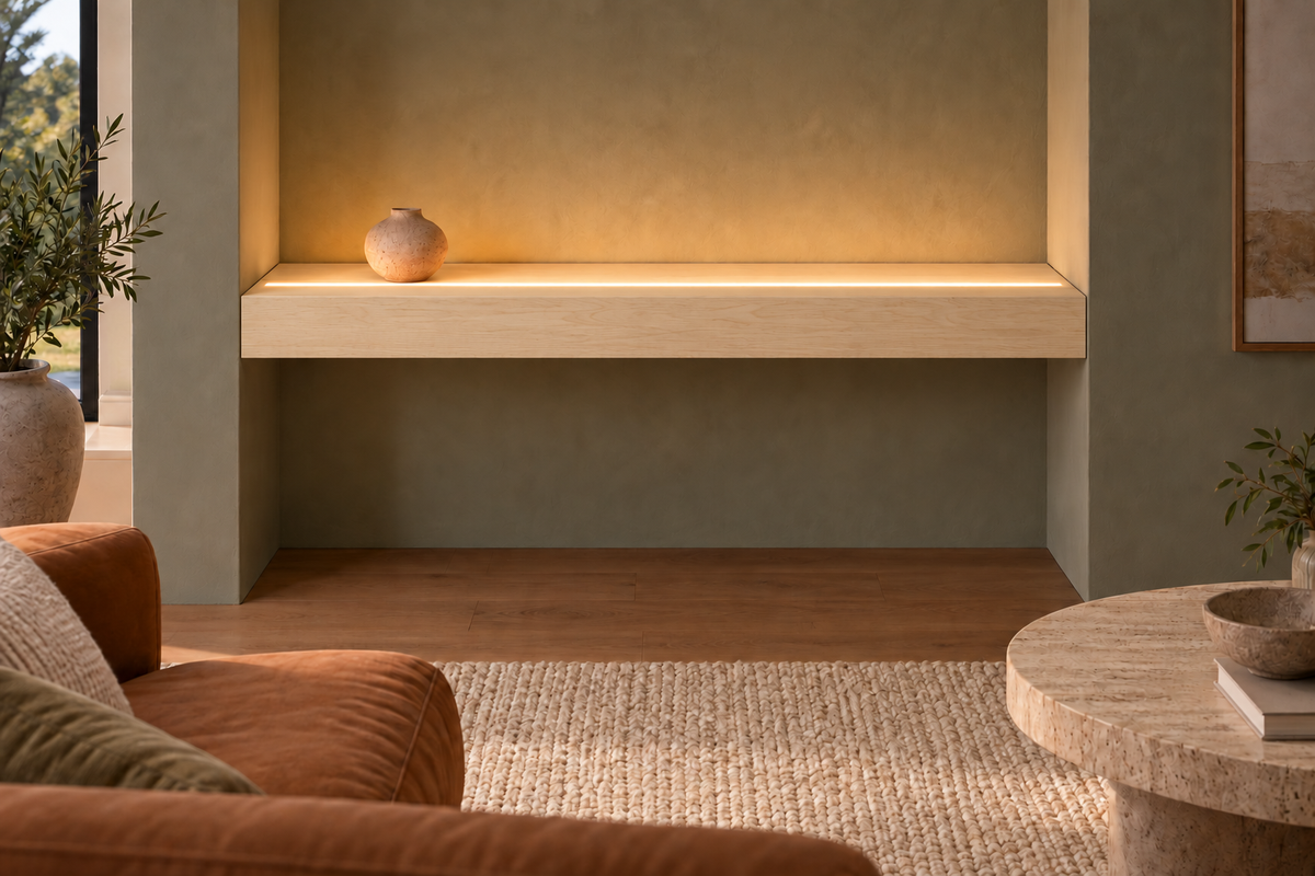 36-inch long, 4-inch thick natural maple floating shelf, wall-to-wall mount, top front LED channel