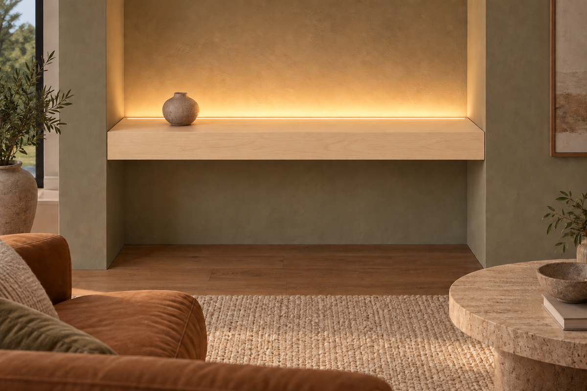 36-inch long, 4-inch thick natural maple floating shelf, wall-to-wall mount, top rear LED channel