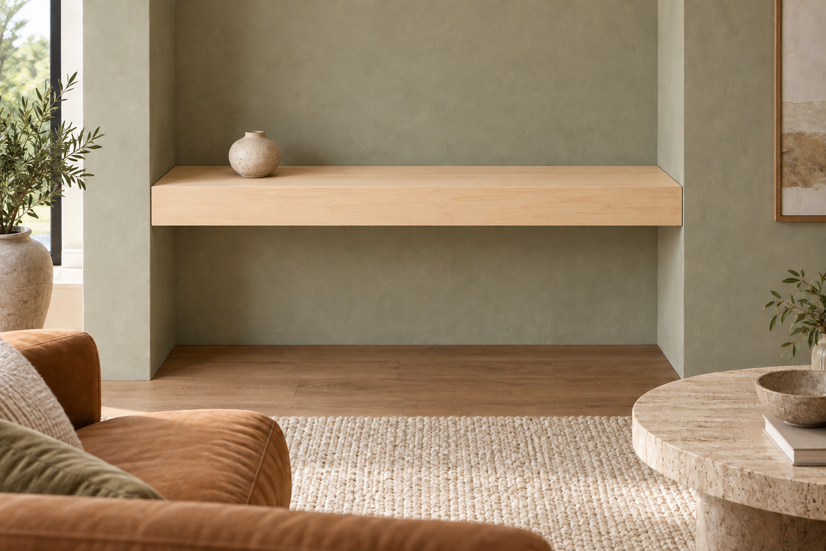 36-inch long, 4-inch thick natural maple floating shelf, wall-to-wall mount, unlit