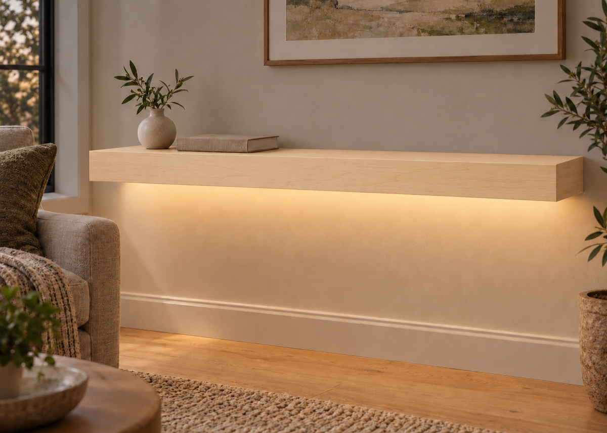 42-inch long, 3-inch thick natural maple floating shelf, standard mount, bottom front LED channel