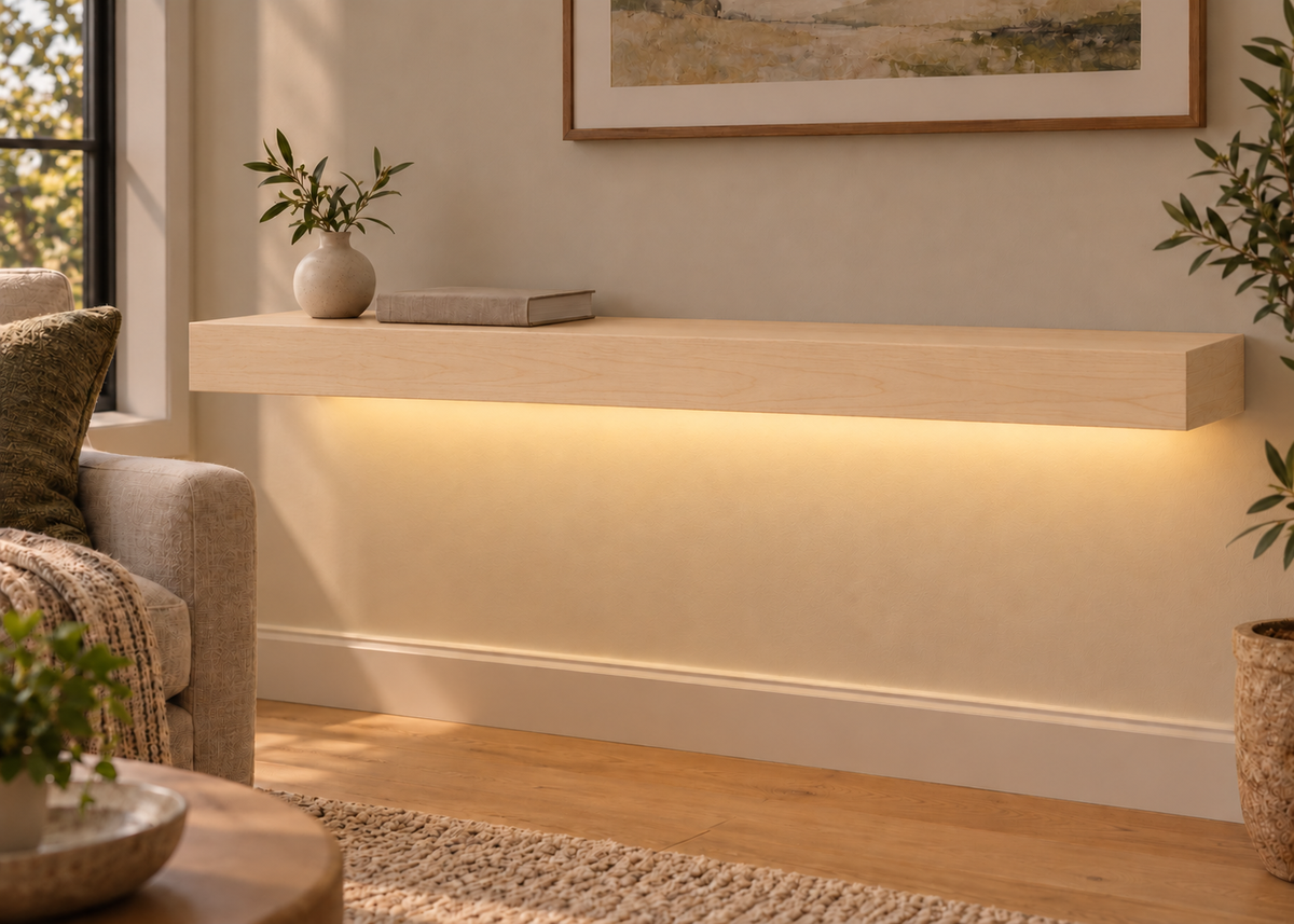 42-inch long, 3-inch thick natural maple floating shelf, standard mount, bottom rear LED channel