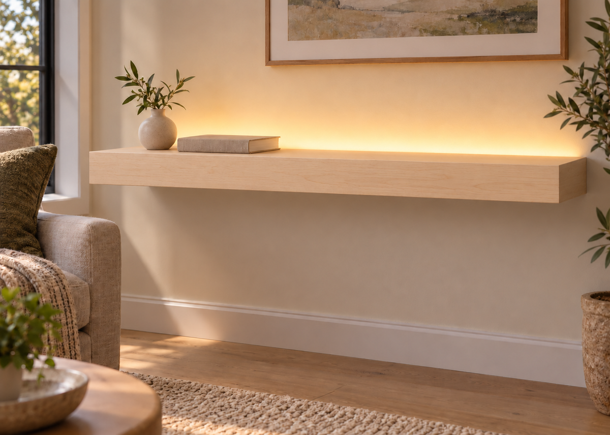 42-inch long, 3-inch thick natural maple floating shelf, standard mount, top rear LED channel