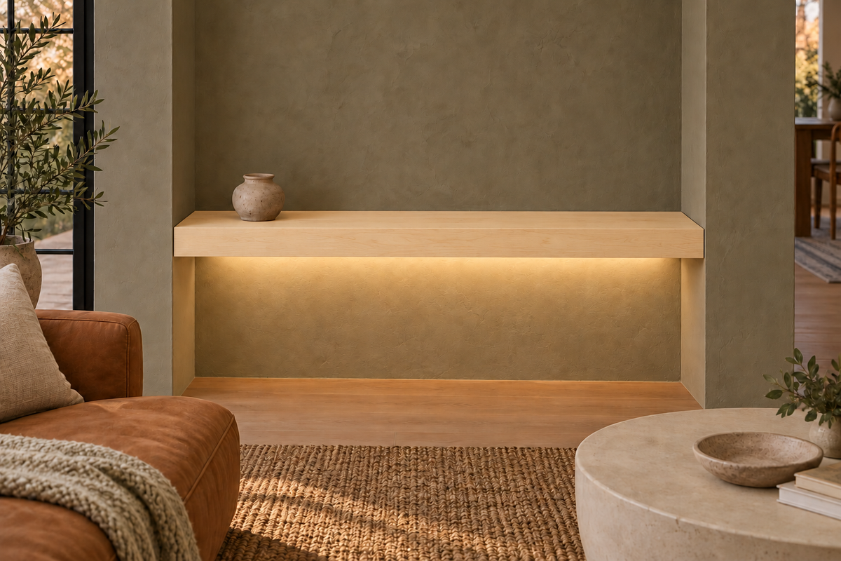 42-inch long, 3-inch thick natural maple floating shelf, wall-to-wall mount, bottom rear LED channel