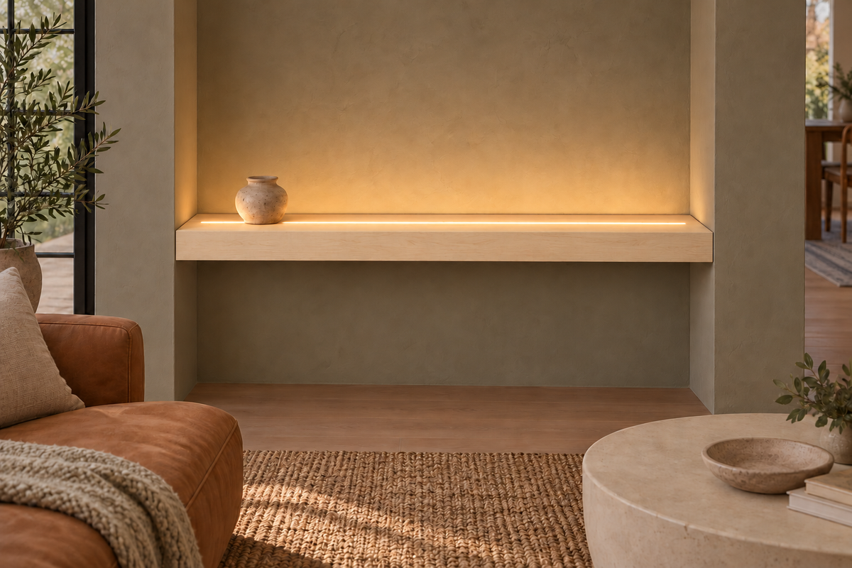 42-inch long, 3-inch thick natural maple floating shelf, wall-to-wall mount, top front LED channel