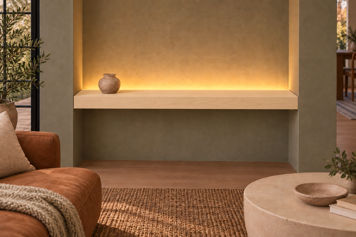42-inch long, 3-inch thick natural maple floating shelf, wall-to-wall mount, top rear LED channel