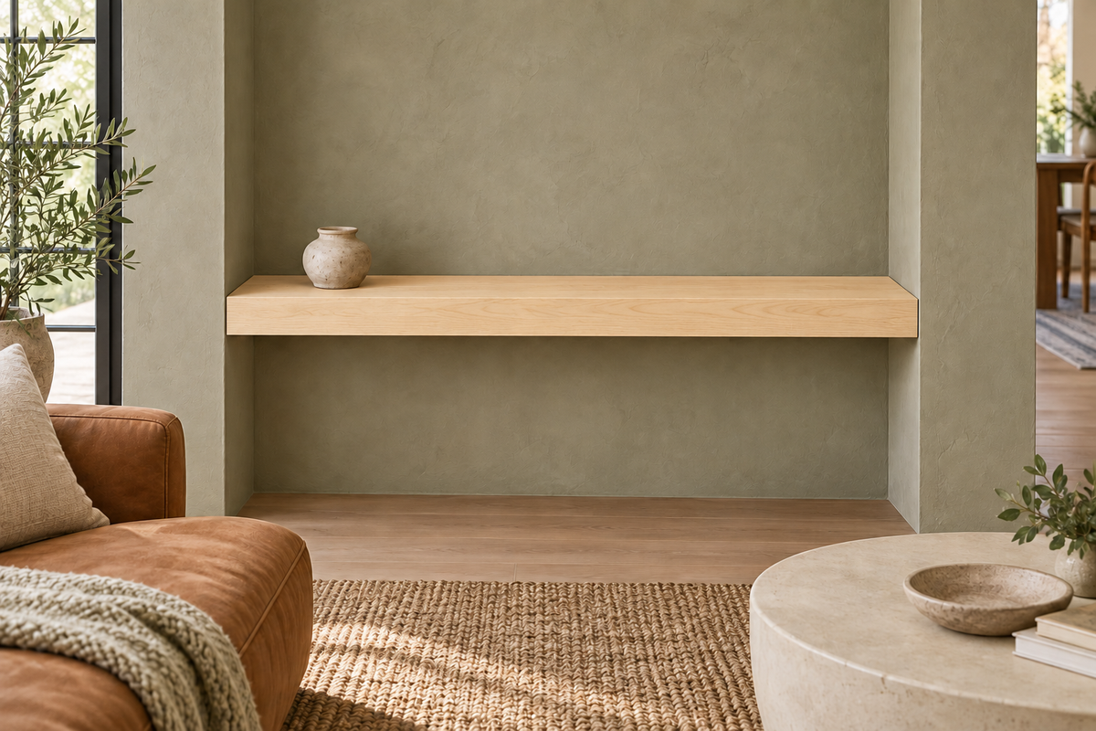 42-inch long, 3-inch thick natural maple floating shelf, wall-to-wall mount, unlit