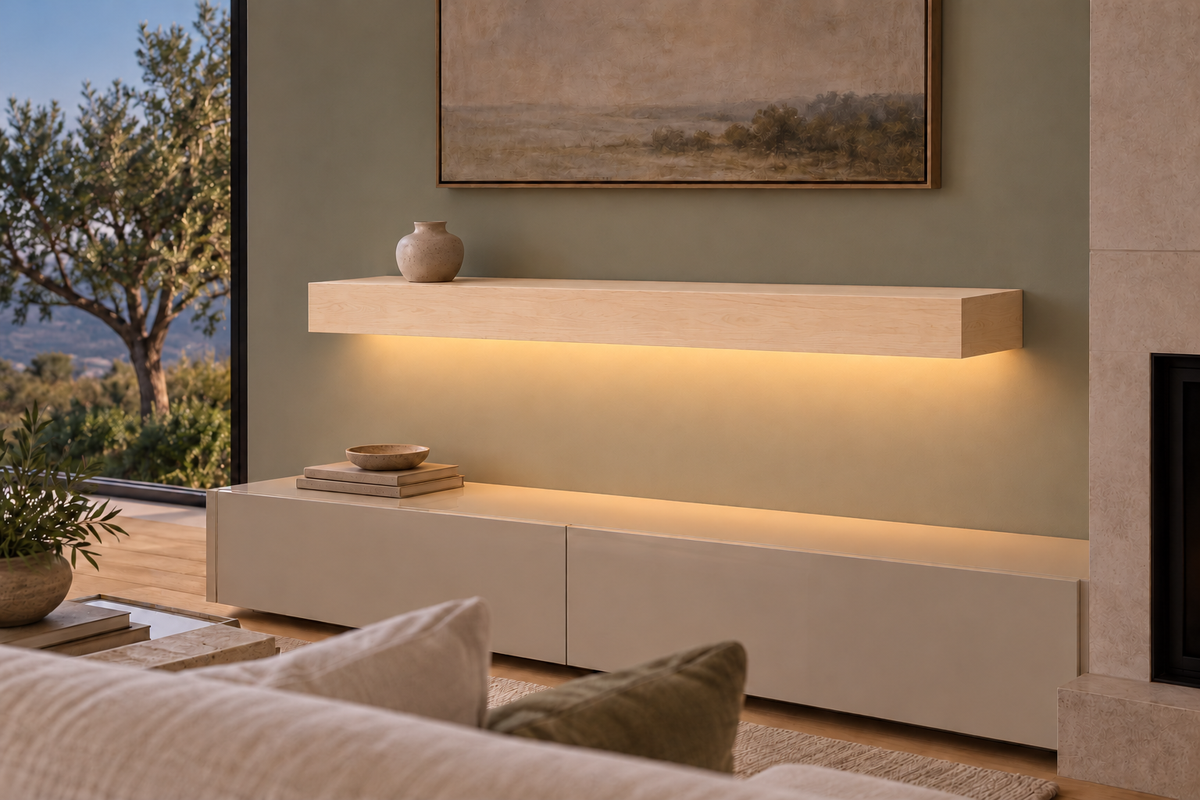 42-inch long, 4-inch thick natural maple floating shelf, standard mount, bottom front LED channel