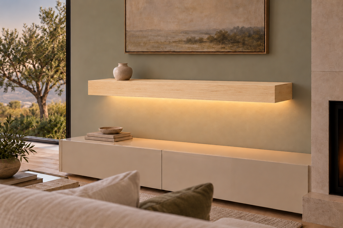 42-inch long, 4-inch thick natural maple floating shelf, standard mount, bottom rear LED channel
