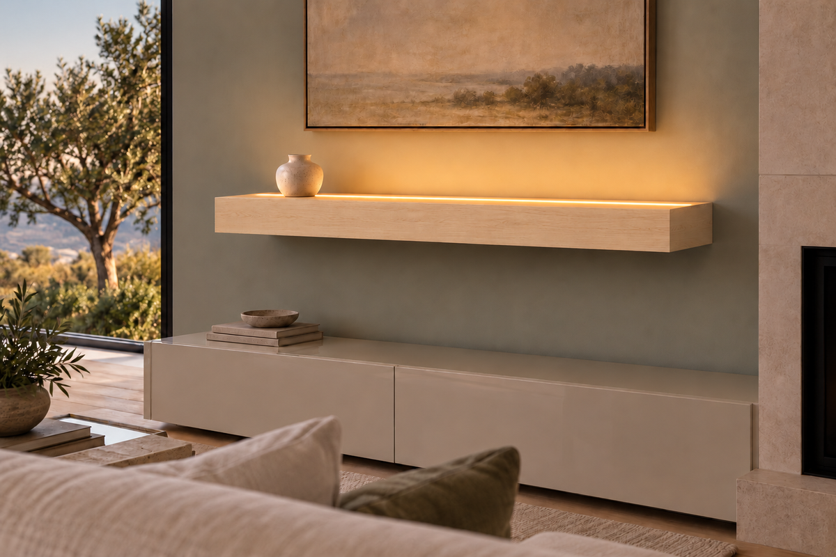 42-inch long, 4-inch thick natural maple floating shelf, standard mount, top front LED channel