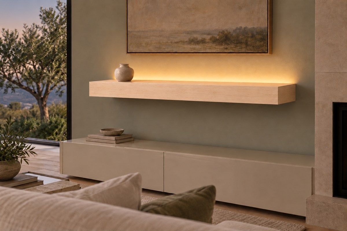 42-inch long, 4-inch thick natural maple floating shelf, standard mount, top rear LED channel