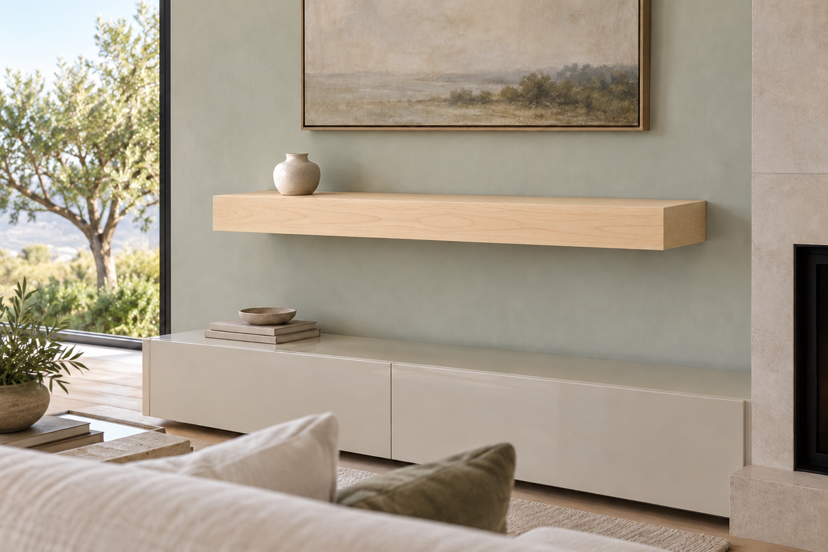 42-inch long, 4-inch thick natural maple floating shelf, standard mount, unlit