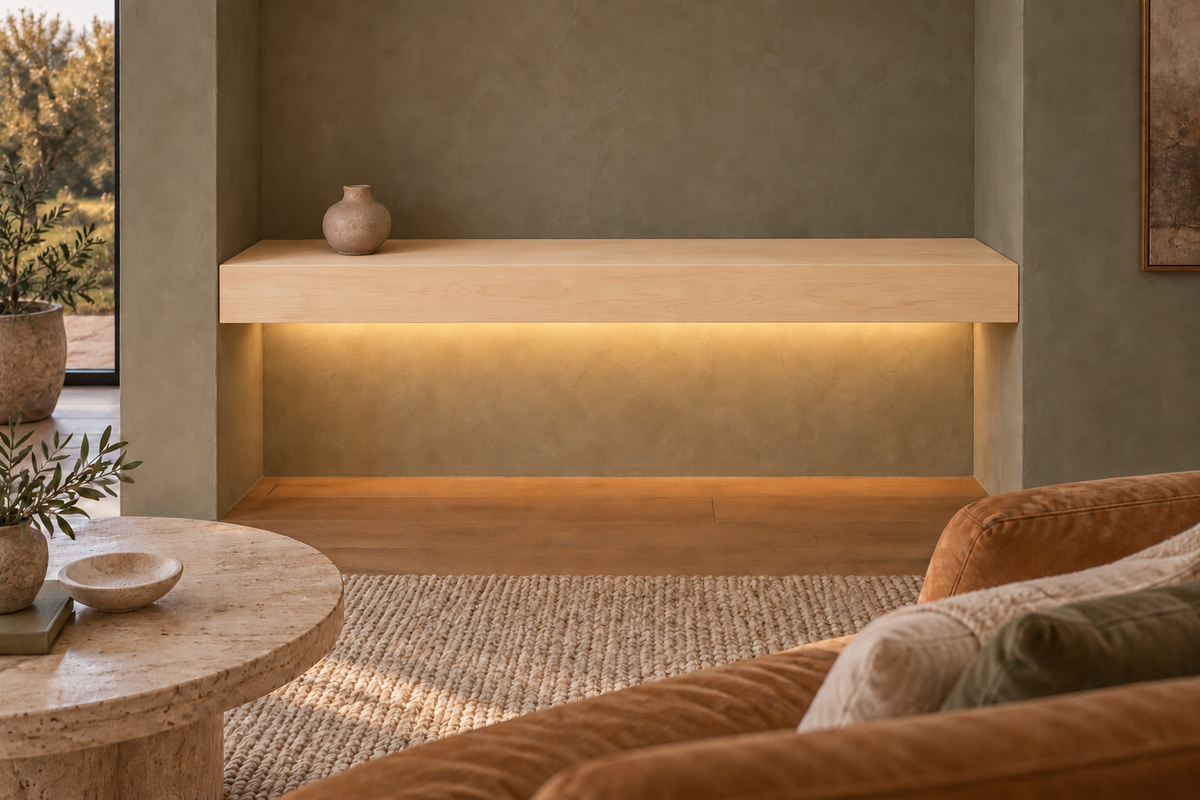 42-inch long, 4-inch thick natural maple floating shelf, wall-to-wall mount, bottom rear LED channel