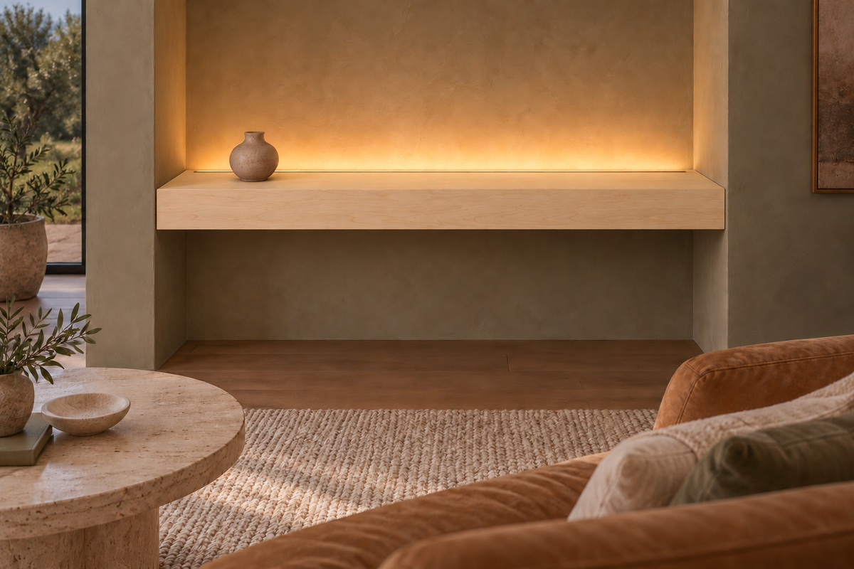 42-inch long, 4-inch thick natural maple floating shelf, wall-to-wall mount, top rear LED channel