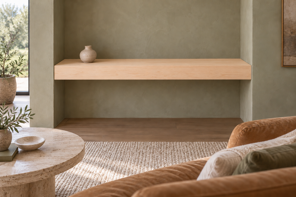 42-inch long, 4-inch thick natural maple floating shelf, wall-to-wall mount, unlit