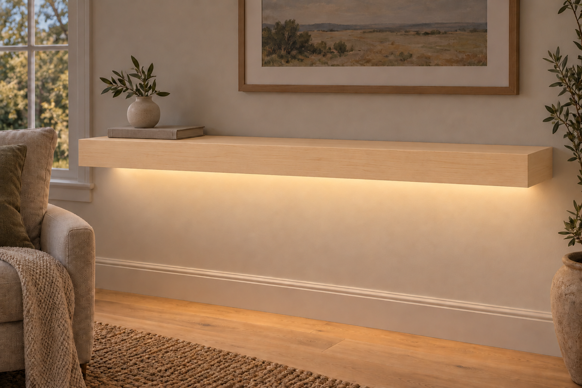 48-inch long, 3-inch thick natural maple floating shelf, standard mount, bottom front LED channel