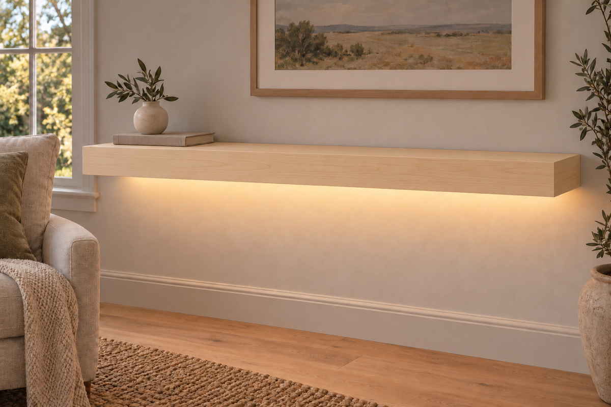 48-inch long, 3-inch thick natural maple floating shelf, standard mount, bottom rear LED channel