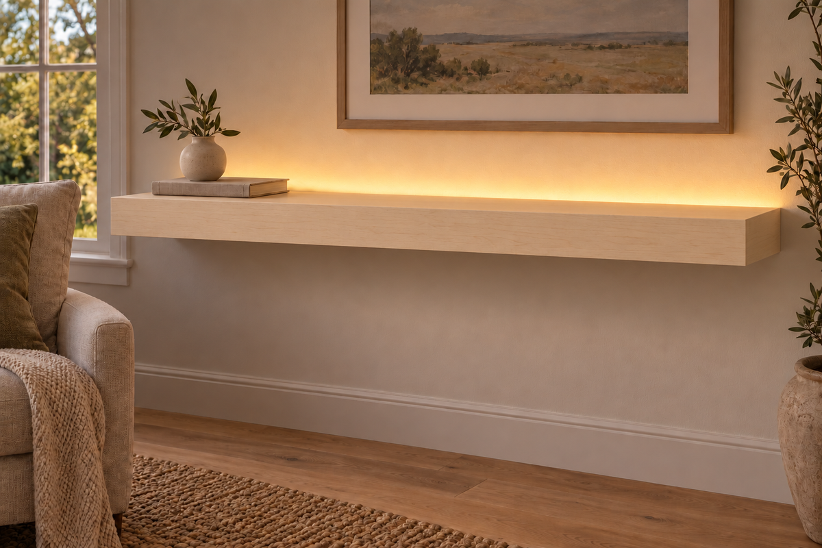 48-inch long, 3-inch thick natural maple floating shelf, standard mount, top rear LED channel