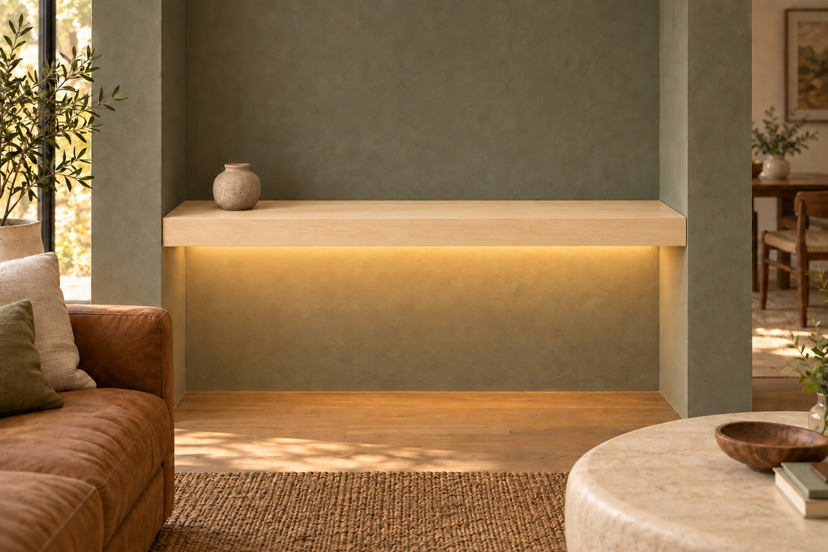48-inch long, 3-inch thick natural maple floating shelf, wall-to-wall mount, bottom front LED channel