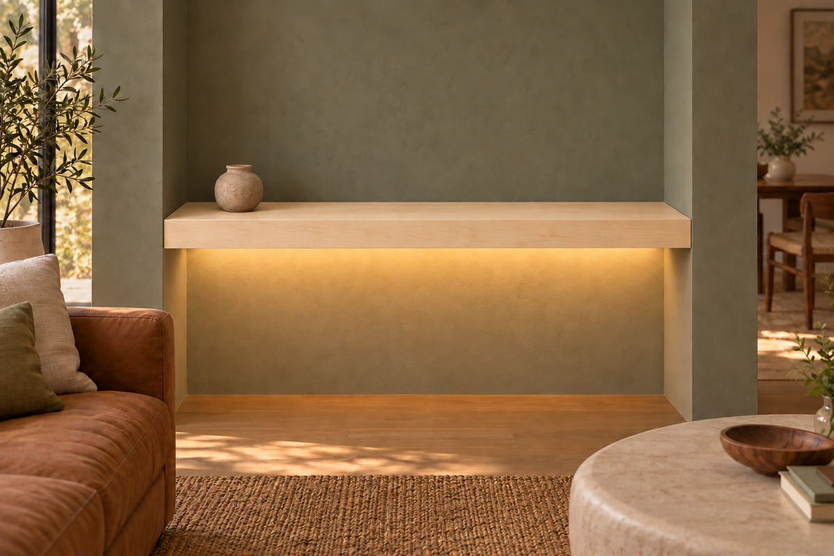 48-inch long, 3-inch thick natural maple floating shelf, wall-to-wall mount, bottom rear LED channel