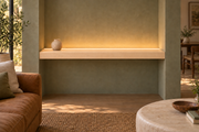 48-inch long, 3-inch thick natural maple floating shelf, wall-to-wall mount, top front LED channel