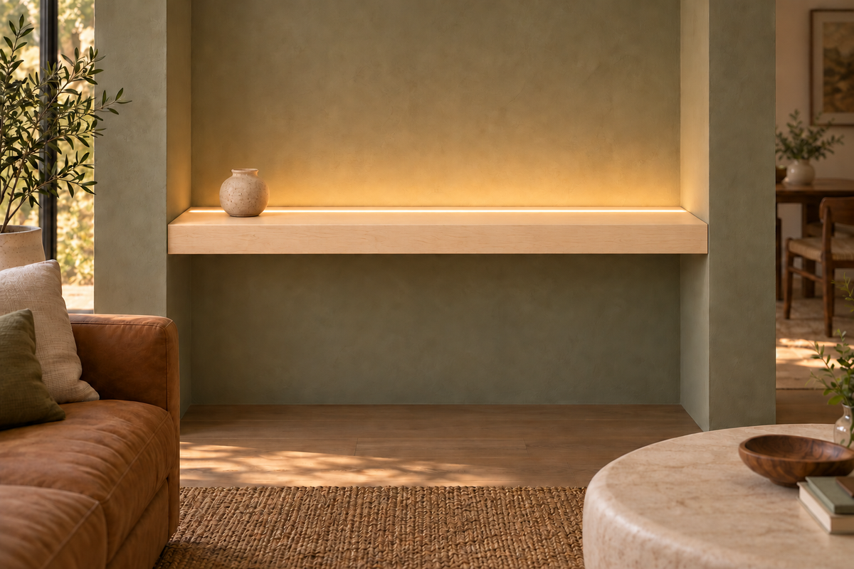 48-inch long, 3-inch thick natural maple floating shelf, wall-to-wall mount, top front LED channel