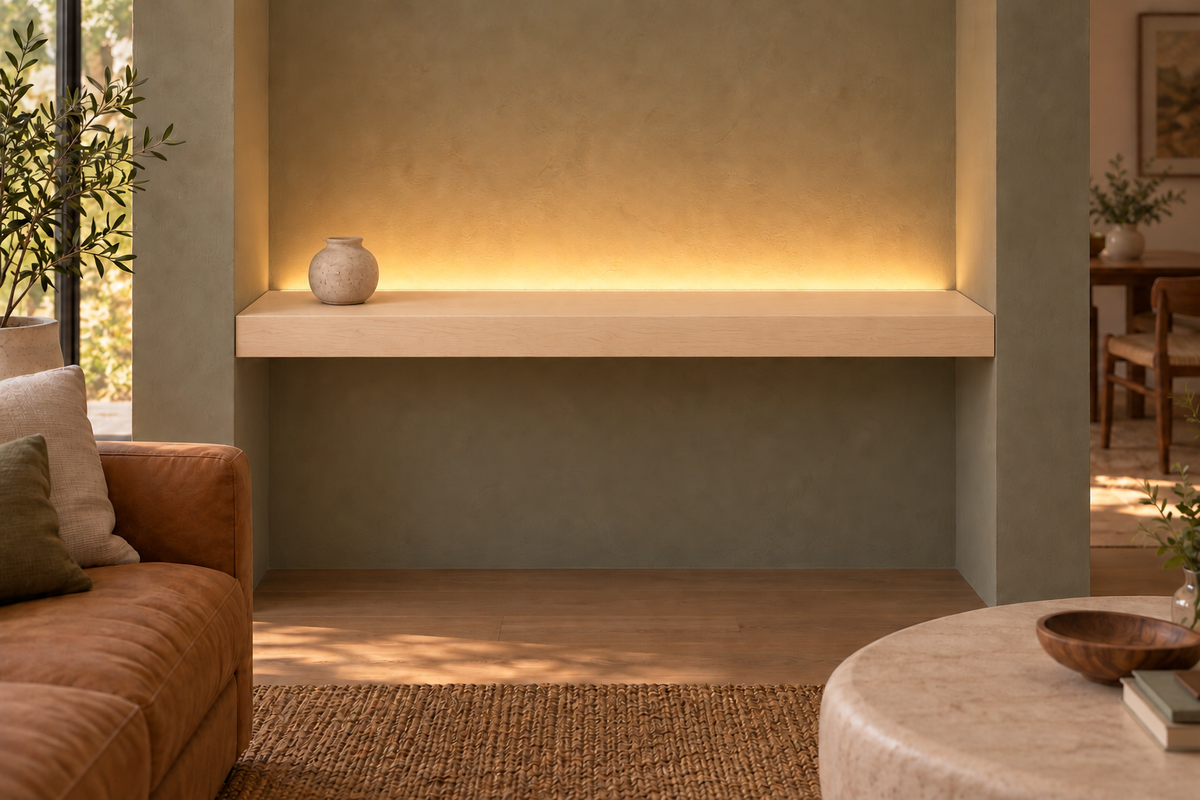48-inch long, 3-inch thick natural maple floating shelf, wall-to-wall mount, top rear LED channel