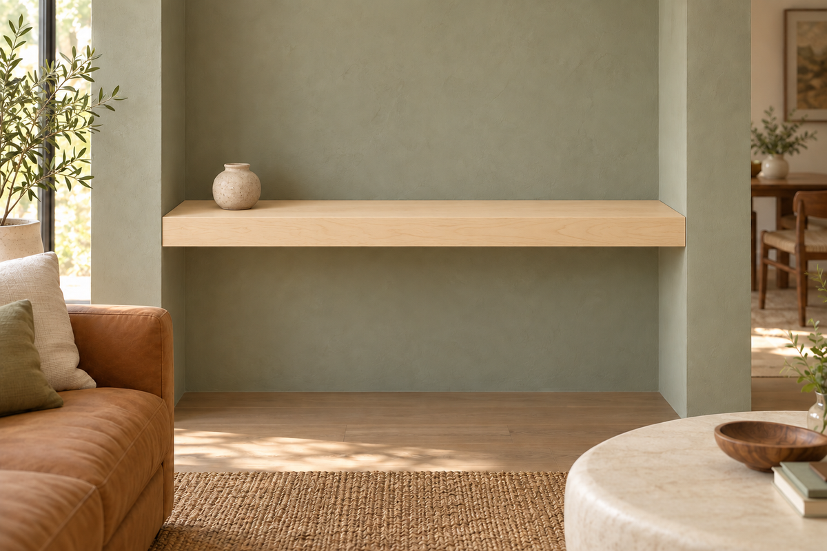 48-inch long, 3-inch thick natural maple floating shelf, wall-to-wall mount, unlit