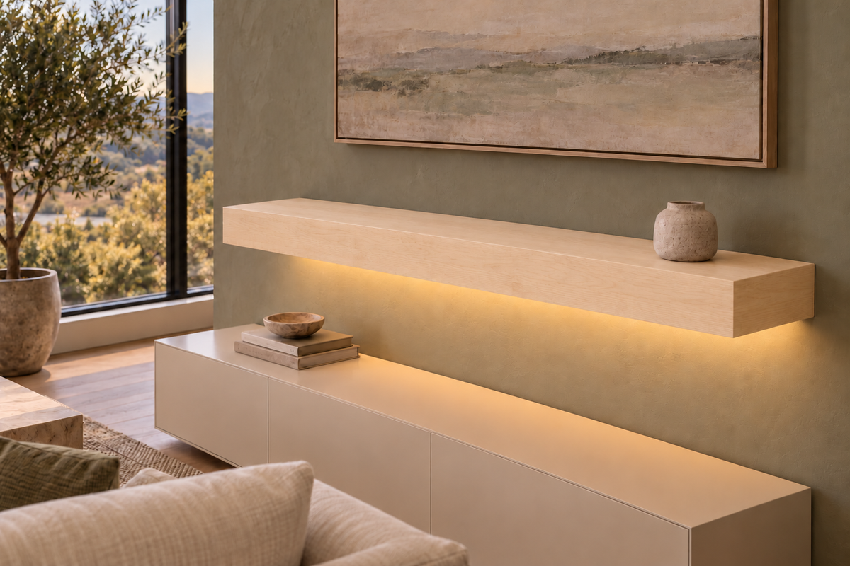 48-inch long, 4-inch thick natural maple floating shelf, standard mount, bottom rear LED channel