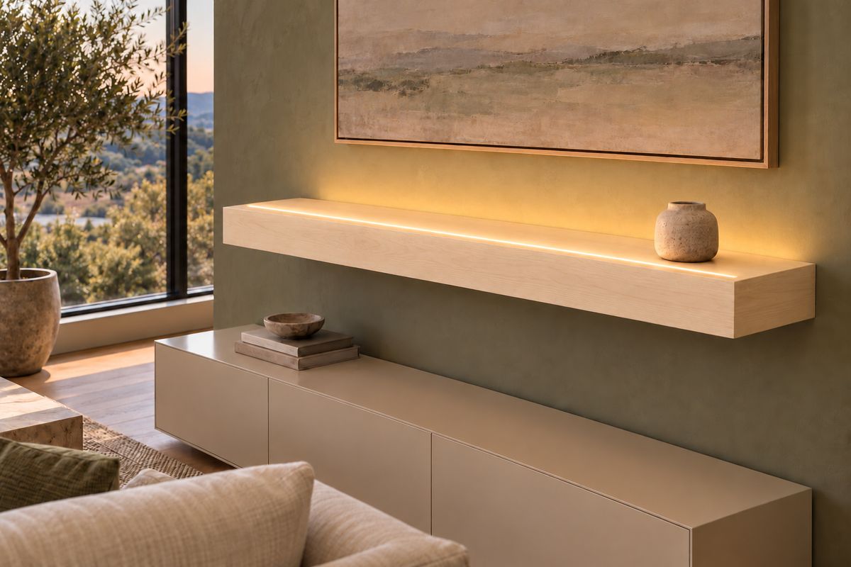 48-inch long, 4-inch thick natural maple floating shelf, standard mount, top front LED channel