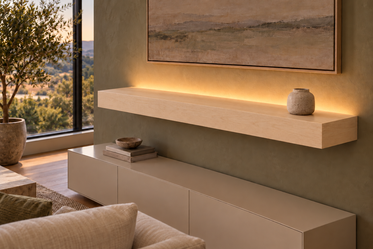 48-inch long, 4-inch thick natural maple floating shelf, standard mount, top rear LED channel