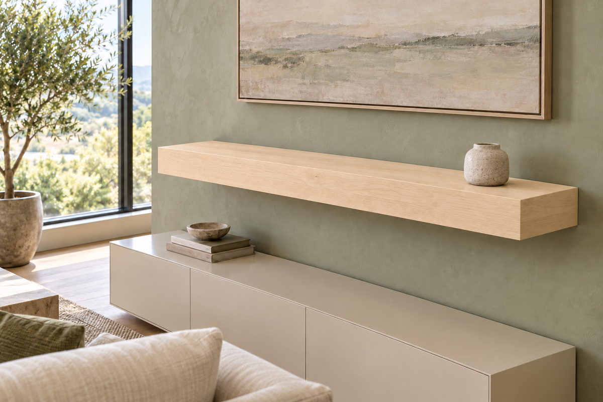 48-inch long, 4-inch thick natural maple floating shelf, standard mount, unlit