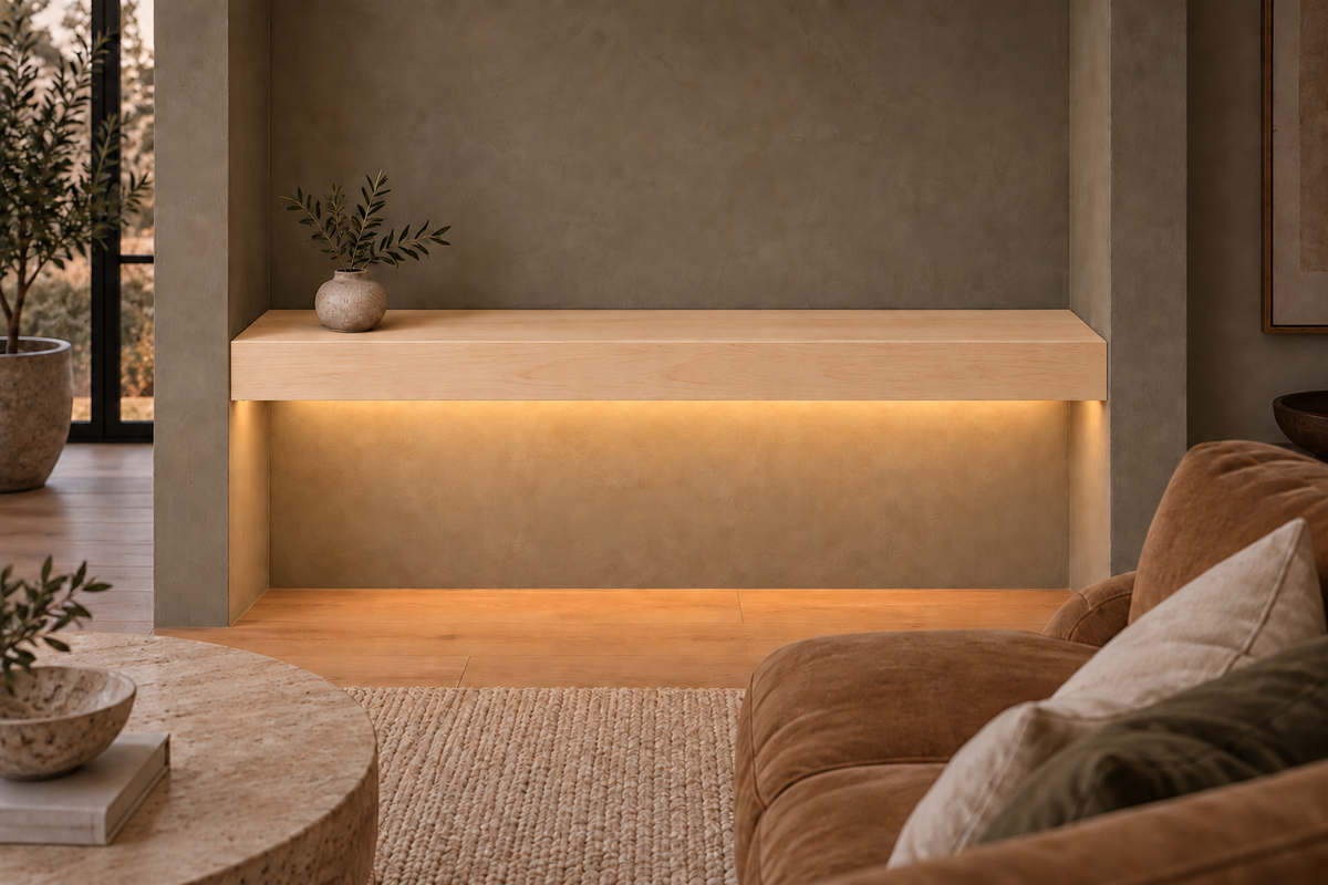 48-inch long, 4-inch thick natural maple floating shelf, wall-to-wall mount, bottom front LED channel