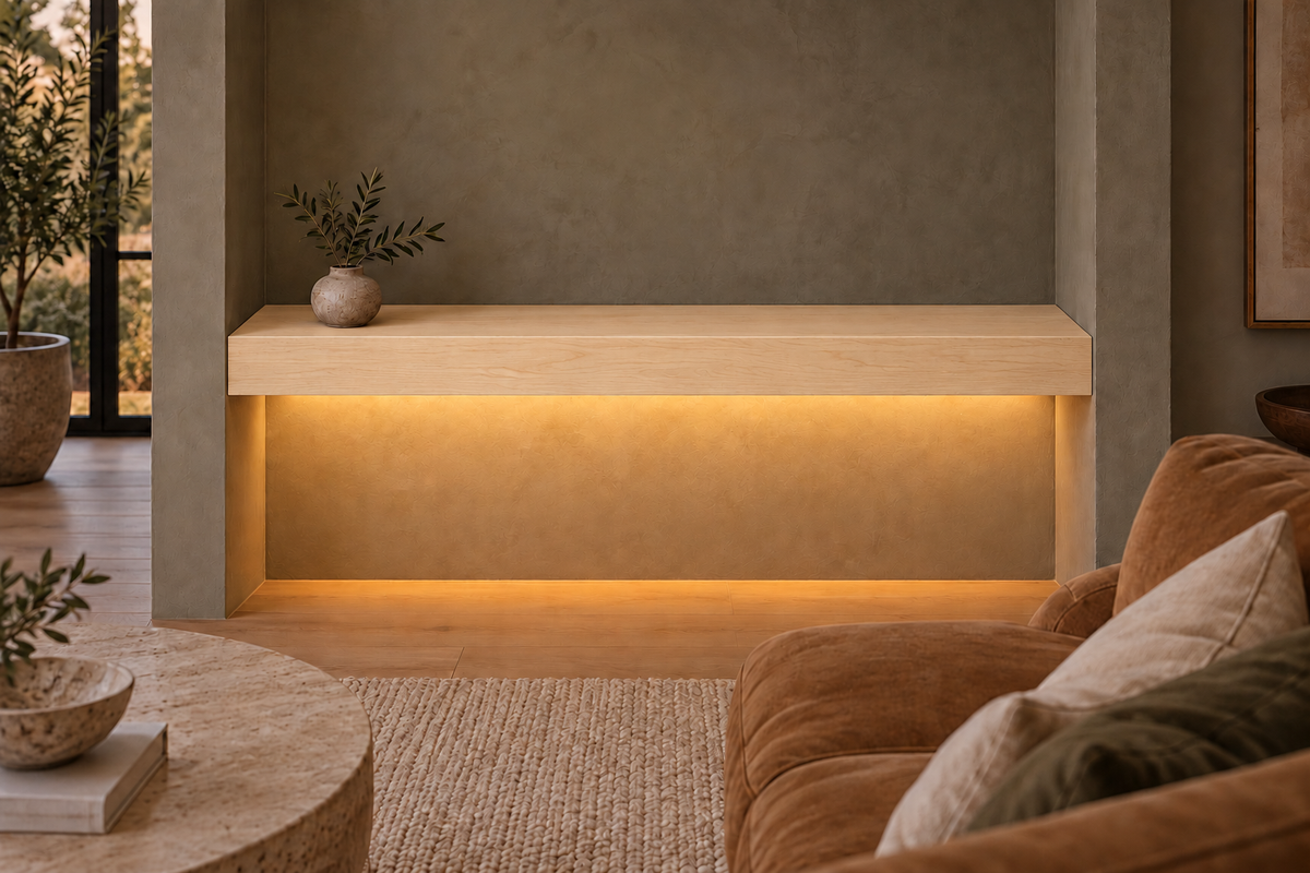 48-inch long, 4-inch thick natural maple floating shelf, wall-to-wall mount, bottom rear LED channel
