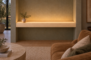 48-inch long, 4-inch thick natural maple floating shelf, wall-to-wall mount, top front LED channel