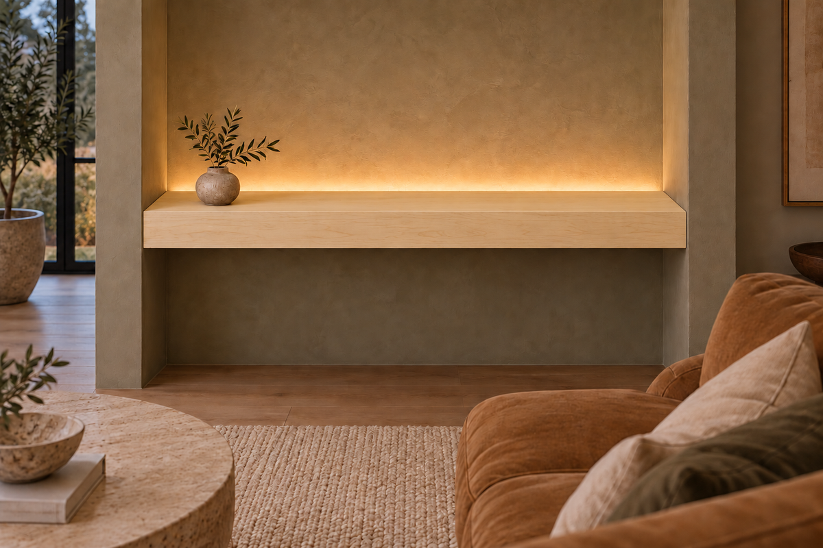 48-inch long, 4-inch thick natural maple floating shelf, wall-to-wall mount, top rear LED channel